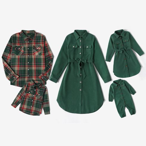 Casual Family Matching Green Solid Dresses and Plaid Shirts Sets
