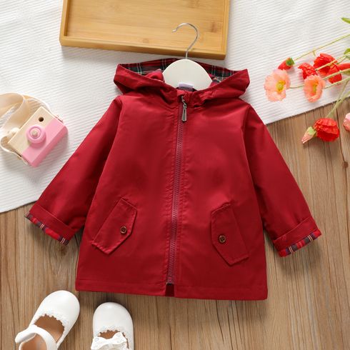 Toddler Girl 100% Cotton Plaid Lining Zipper Hooded Red Coat