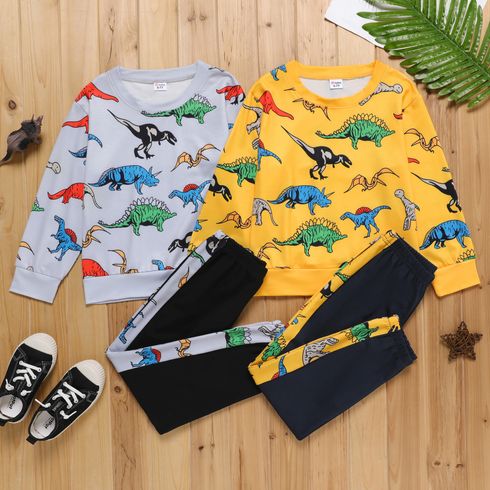 2-piece Kid Boy Animal Dinosaur Print Pullover Sweatshirt and Elasticized Pants Set