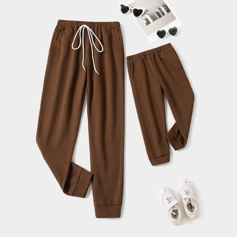 Coffee Thickened Fleece Lined Elasticized Waist Joggers Pants for Mom and Me