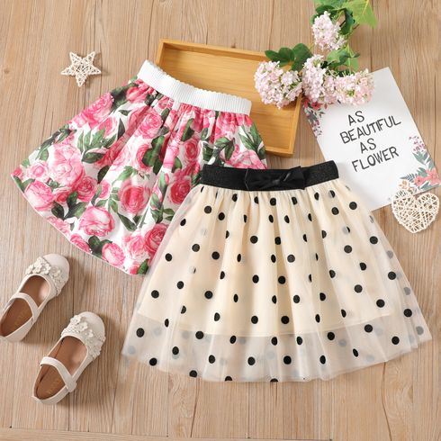 Kid Girl Polka dots Mesh Design/Floral Print Elasticized Skirt