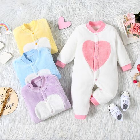 Heart Print Fluffy Long-sleeve White or Yellow or Purple or Blue Baby Jumpsuit
