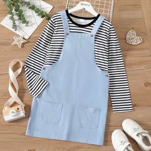 2-piece Kid Girl Stripe Long-sleeve Tee and Denim Overall Dress Set