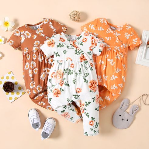 Baby Girl All Over Floral Print V Neck Short-sleeve Snap-up Jumpsuit