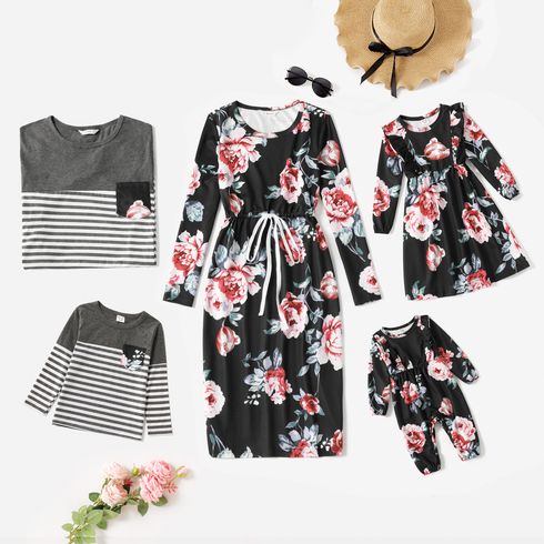 Family Matching All Over Floral Long-sleeve Dresses and Striped Splicing T-shirts Sets