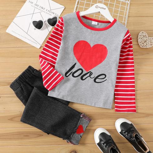 2-piece Kid Girl Letter Heart Print Striped Long-sleeve Tee and Denim Jeans Set