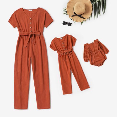 100% Cotton Solid V Neck Button Down Belted Short-sleeve Jumpsuit for Mom and Me