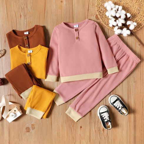 2-piece Toddler Girl Waffle Button Design Sweatshirt and Elasticized Pants Set