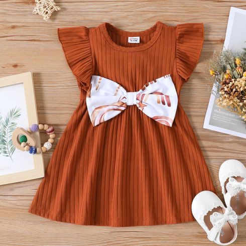 Baby Girl Ribbed Brown/White Rainbow and Star Print Ruffled Flutter Sleeve Bowknot Dress Brown big image 1