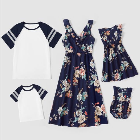 Family Matching All Over Floral Print Ruffle Deep V Neck Sleeveless Dresses and Raglan-sleeve T-shirts Sets