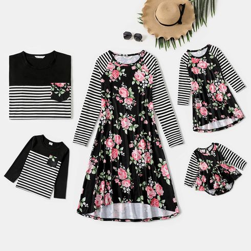 Floral and Stripe Print Splice Family Matching Black Sets