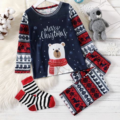 2-teiliges Kind Junge Weihnachten Brief Bär Baum Geo Print Colorblock Langarm T-Shirt und Hose Pyjama Lounge Set