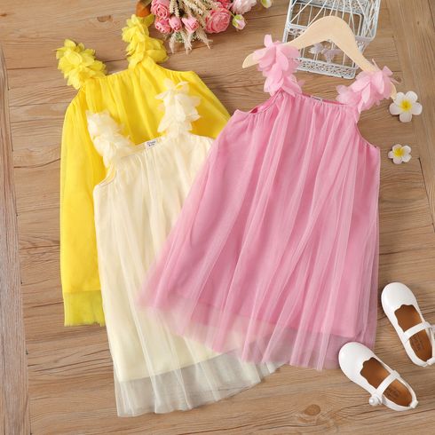 Kid Girl Floral Mesh Design Solid Color Cami Dress