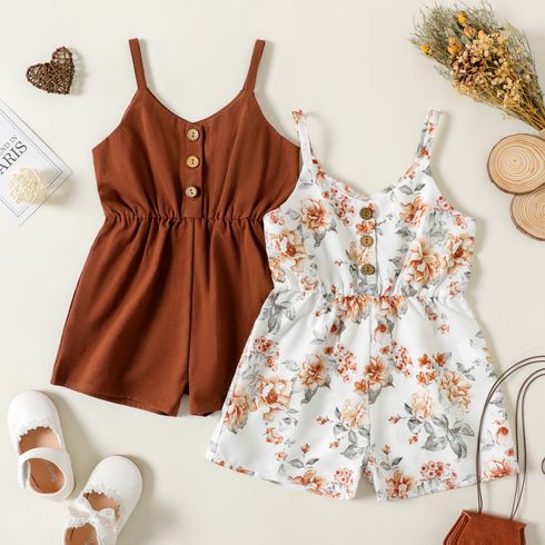 Toddler Girl Floral Print/Brown Button Design Strap Romper Jumpsuit Shorts