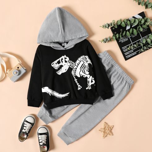 2-piece Toddler Boy Animal Dinosaur Print Hoodie Sweatshirt and Elasticized Gray Pants Set