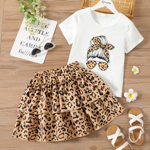 2-piece Kid Girl Cartoon Print White Tee and Leopard Print Layered Skirt Set