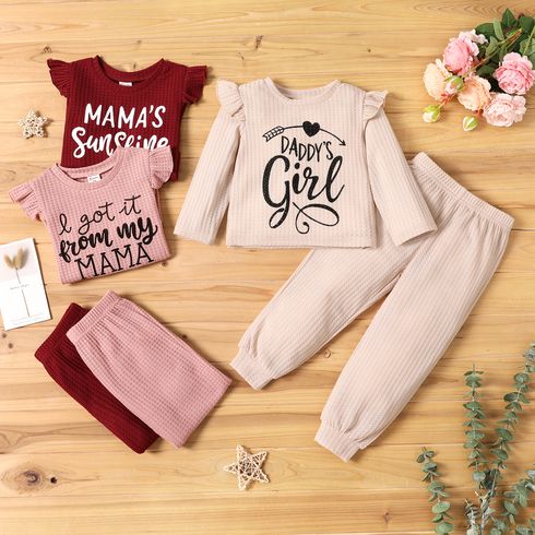 Mother's Day 2-piece Toddler Girl Ruffled Letter Print Waffle Long-sleeve Top and Elasticized Solid Color Pants Set