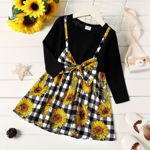 Toddler Girl Faux-two Floral Print Plaid Long-sleeve Splice Dress