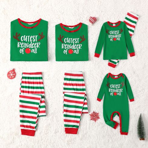 Christmas Antlers and Letter Print Snug Fit Green Family Matching Long-sleeve Pajamas Sets