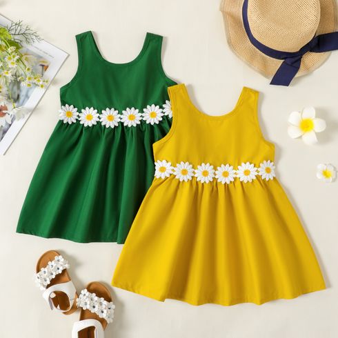 Toddler Girl 3D Floral Design Back V Neck Solid Color Sleeveless Dress