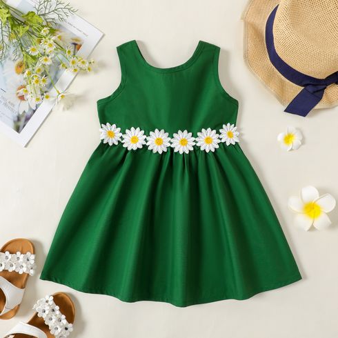 Toddler Girl 3D Floral Design Back V Neck Solid Color Sleeveless Dress Green big image 1