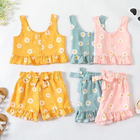2-piece Kid Girl Floral Print Button Design Ruffle Hem Camisole and Shorts Set