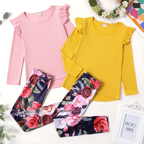 2-piece Kid Girl Ruffled Long-sleeve Tee and Floral Print Pants Set