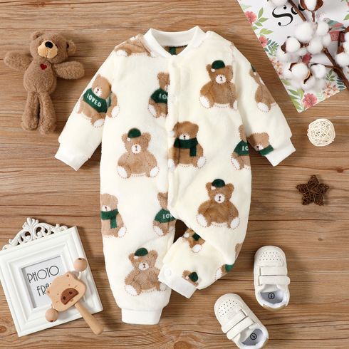 Teddy Bear Allover Fluffy Long-sleeve Brown Baby Jumpsuit