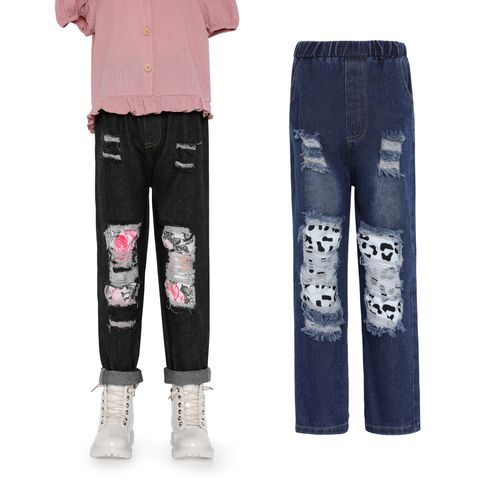 Kid Girl Floral/Leopard Print Patchwork Ripped Denim Jeans