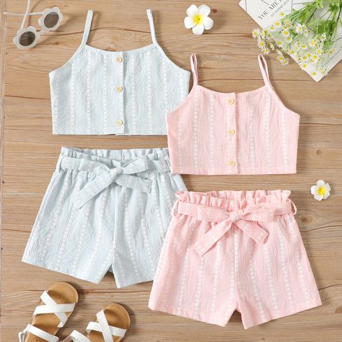 2-piece Kid Girl Floral Print Plaid Button Design Camisole and Belted Paperbag Shorts Set