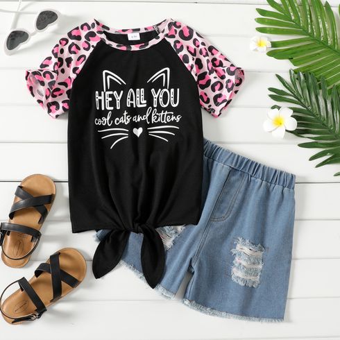 2-piece Kid Girl Cat Letter Leopard Print Tie Knot Tee and Ripped Denim Shorts Set