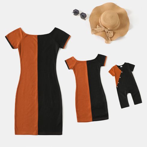 Solid Splicing Waffle Off Shoulder Short-sleeve Bodycon Dress for Mom and Me