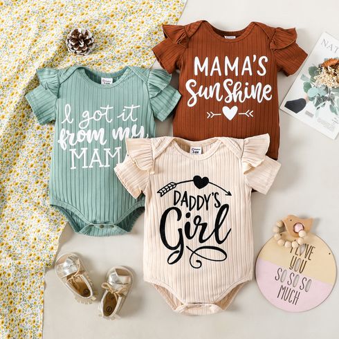 Baby Girl Letter Print Ribbed Ruffle Short-sleeve Romper