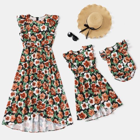 All Over Floral Print Ruffle Sleeveless Tulip Hem Dress for Mom and Me