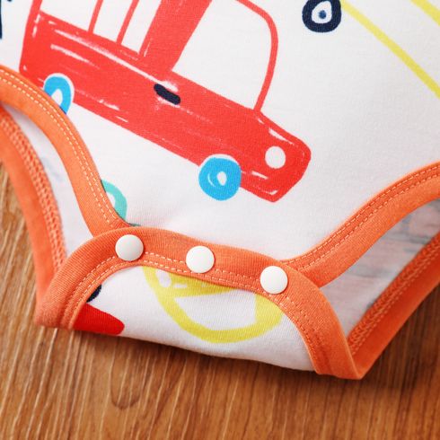 Baby Boy Cartoon Vehicle Print Grey/White/Colorful Striped Short-sleeve Romper Orange big image 4