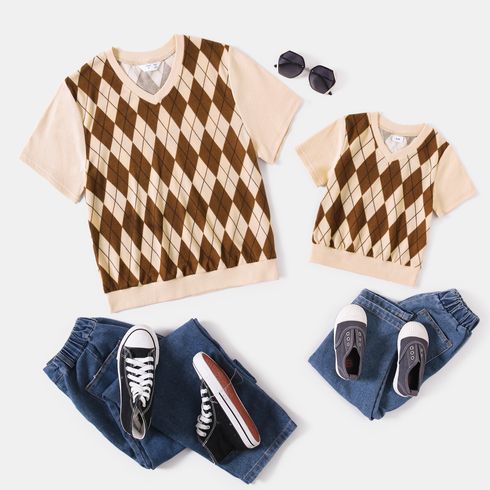 Preppy Style Argyle Print V Neck Short-sleeve Tops for Mom and Me