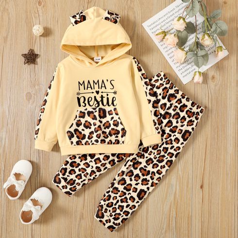 2-piece Toddler Girl Letter Leopard Print Ear Design Hoodie Sweatshirt and Elasticized Pants Set