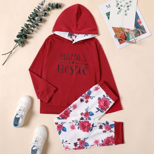2-piece Kid Girl Letter Print Red Hoodie Sweatshirt and Floral Print Elasticized Pants Set