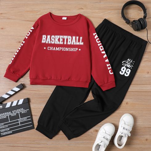 2-piece Kid Boy Letter Print Pullover Sweatshirt and Number Print Black Sweatpants Set