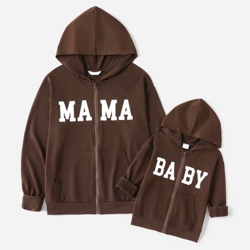 Letter Print Coffee Long-sleeve Zip Hoodies for Mom and Me