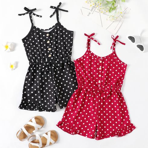 Kid Girl Polka dots Button Bowknot Design Sleeveless Strap Rompers Jumpsuits Shorts