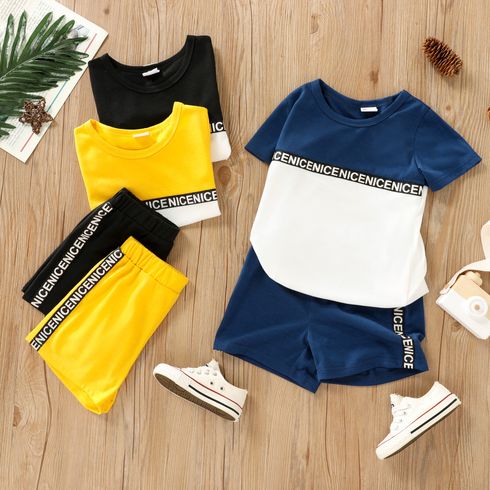 2-piece Toddler Boy Letter Print Colorblock Tee and Elasticized Shorts Set