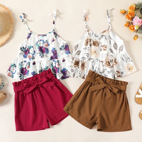 2-piece Kid Girl Floral Print Bowknot Camisole and Belted Paperbag Shorts Set