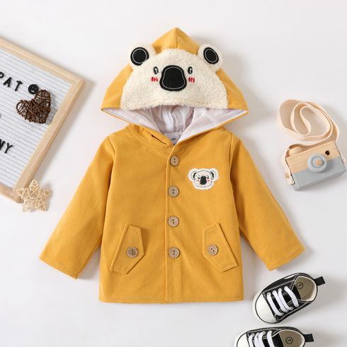 Baby Boy/Girl Cartoon Animal Design Yellow Corduroy Long-sleeve Hooded Jacket