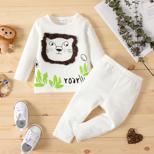 2pcs Baby Boy Cartoon Lion Print White Long-sleeve T-shirt and Trousers Set