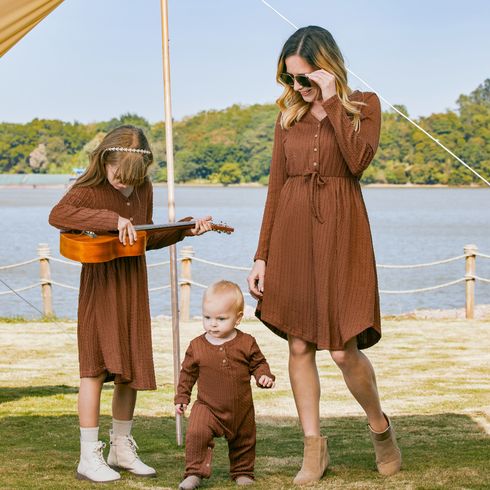 Brown Cable Knit V Neck Button Long-sleeve Dress for Mom and Me