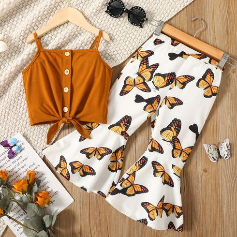 2-piece Toddler Girl Button Design Tie Knot Camisole Tank and Butterfly Print Flared Pants Set
