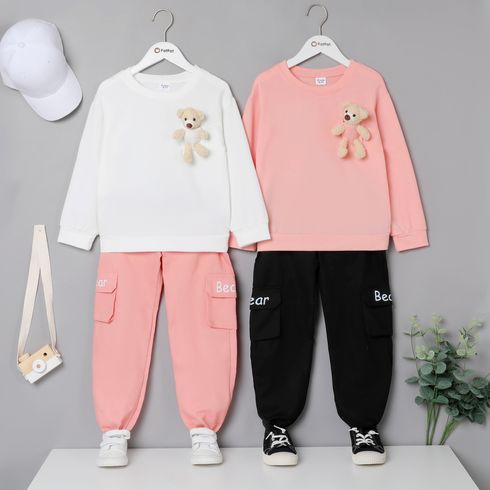 2-piece Kid Girl Solid Color Long-sleeve Tee and Letter Embroidered Cargo Pants Set ( Bear Doll is included)
