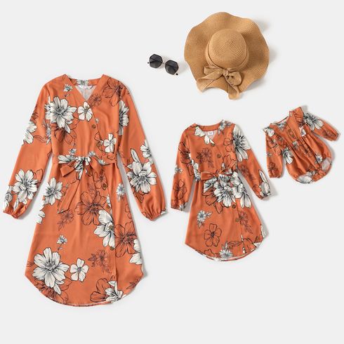 Floral Print Cross Wrap V Neck Belted Long-sleeve Dress for Mom and Me
