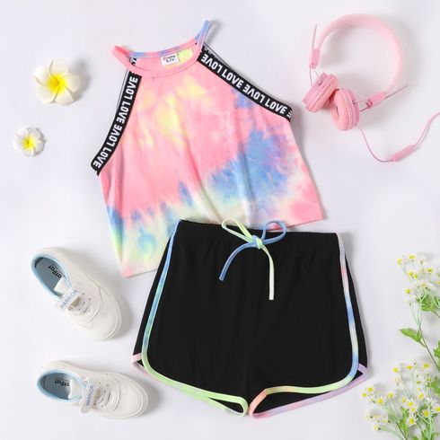 2-piece Kid Girl Letter Print Tie Dyed Halter Top and Bowknot Design Shorts Set